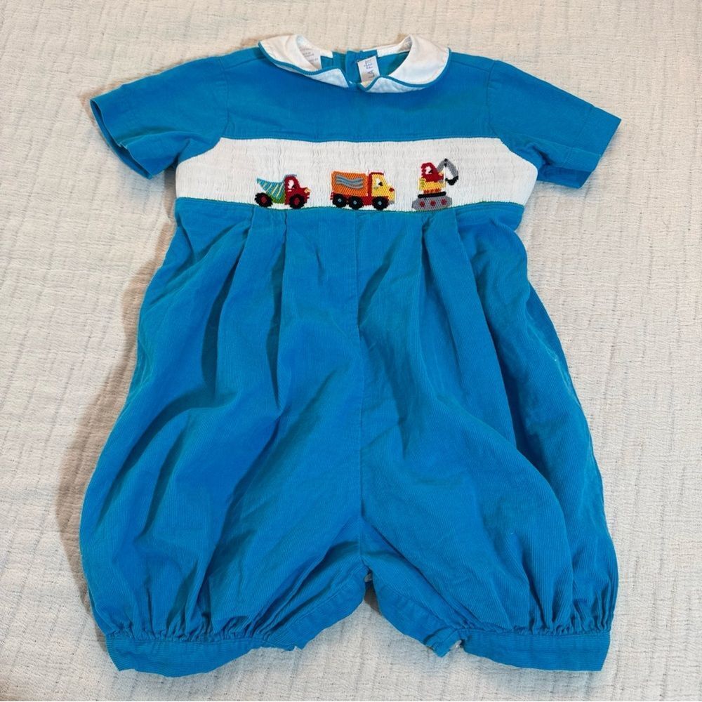 Vive La Fete Romper Toddler Boys 24M Blue Corduroy Smocked Trucks Excavators